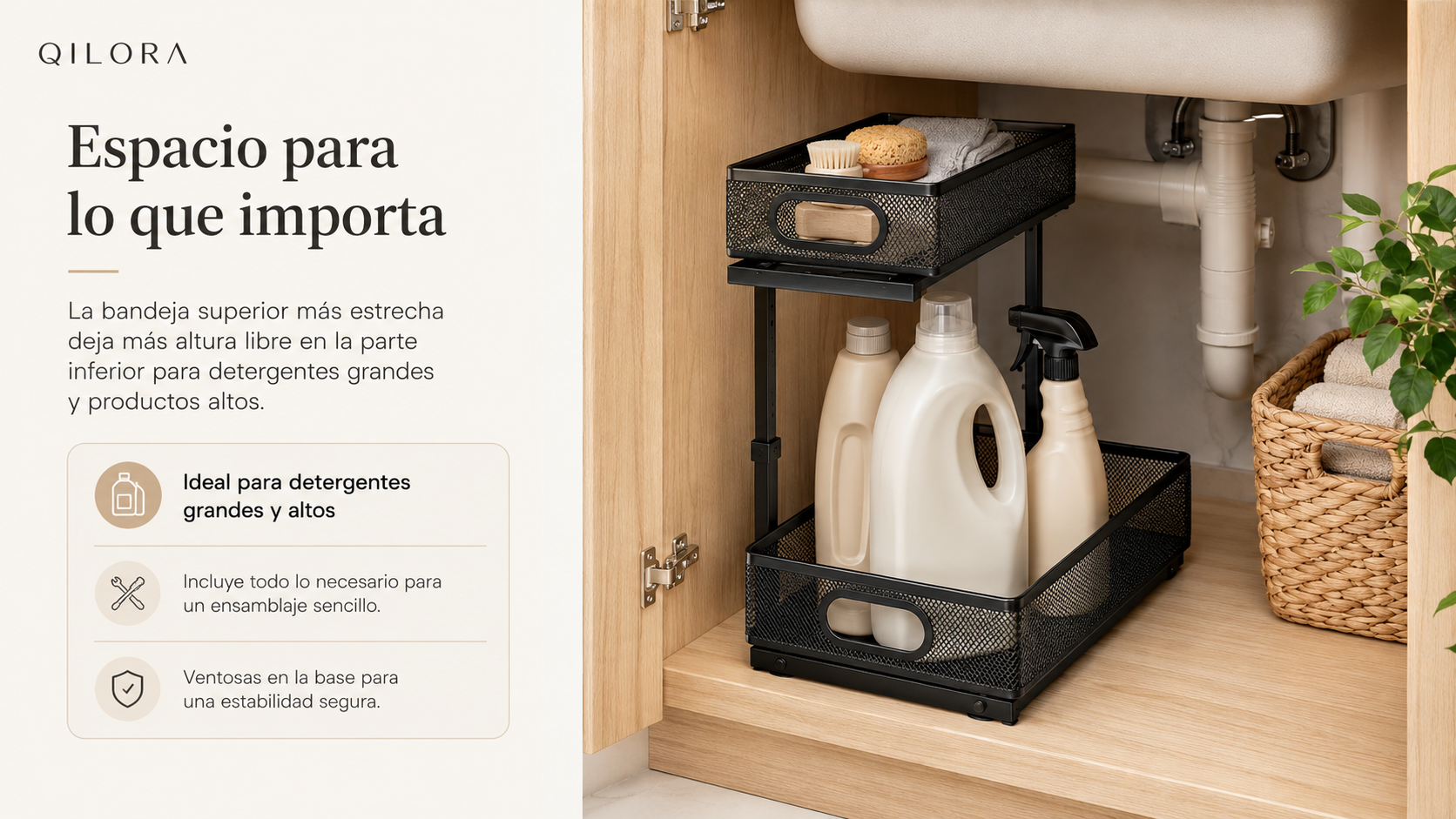 Organizador QILORA negro bajo el fregadero, con bandeja superior estrecha y envases altos en la bandeja inferior