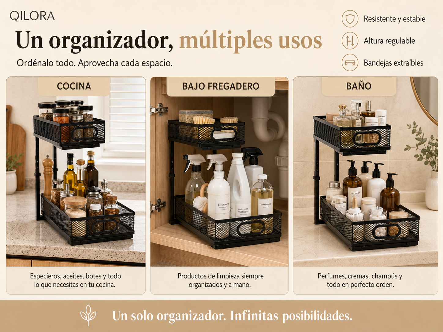 Organizador negro QILORA en la cocina, con especias en la bandeja superior y aceites en la inferior