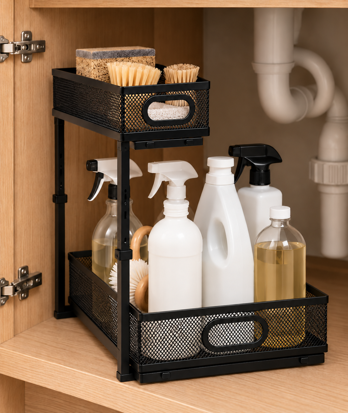 Organizador QILORA bajo el fregadero, con esponjas arriba y productos de limpieza abajo